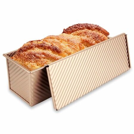 Heavy Duty Carbon Steel Baking Bread  Loaf Pan with Lid,Non-Stick Toast Mold for Bread Baking,Corrugated Rectangle Bread Tin for Homemade Cake,Gold