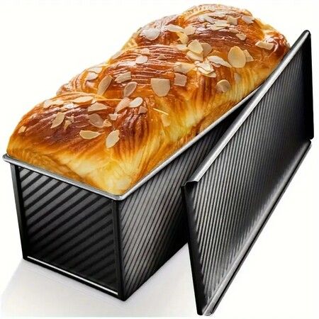Heavy Duty Carbon Steel Baking Bread  Loaf Pan with Lid,Non-Stick Toast Mold for Bread Baking,Corrugated Rectangle Bread Tin for Homemade Cake,Black