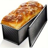Heavy Duty Carbon Steel Baking Bread  Loaf Pan with Lid,Non-Stick Toast Mold for Bread Baking,Corrugated Rectangle Bread Tin for Homemade Cake,Black