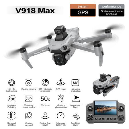 8K GPS Drone With Dual Camera,360 Degree Lidar Obstacle Avoidance,Screen Remote Control,5km Range,Brushless Motor,2 Batteries Color Grey