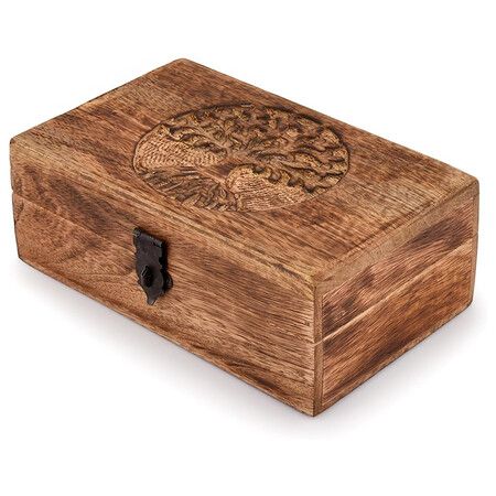Handmade Mango Wood Tree of Life Engraving Beautifully Keepsake Box Jewellery Organiser Unique Gift Ideas for Men and Women (Flame Work Finish)