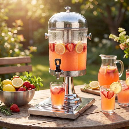 8L Drink Dispenser Hot and Cold Beverage Container Server Juice Lemonade Iced Tea Soda Coffee Water Pitcher Bar Party Stainless Steel Stand Drip Tray