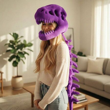 Dino Skeleton Costume 3D Spinosaurus Skull Mask Plush Spine for Halloween Cosplay Dress Up Play Purple 75cm