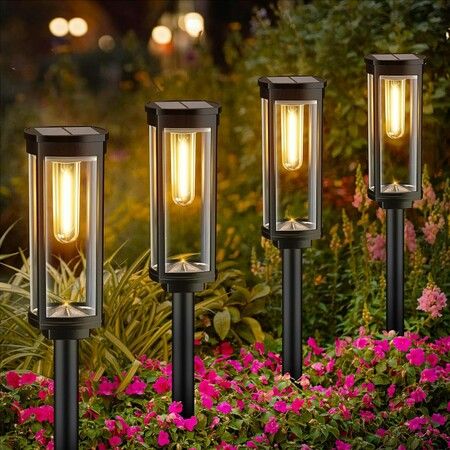 4P Solar Pathway Lights Outdoor  Walkway Warm White LED Edison Bulb Filament Landscape Lighting for Garden Yard Driveway Christmas Gift