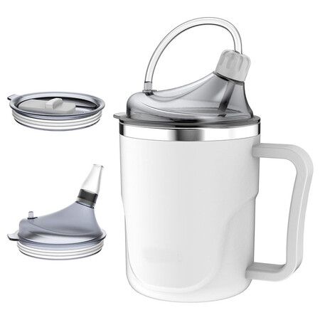 Spill Proof Cup for Elderly, 400ML Stainless Steel Sippy Cup with Straw, Ideal for Seniors White