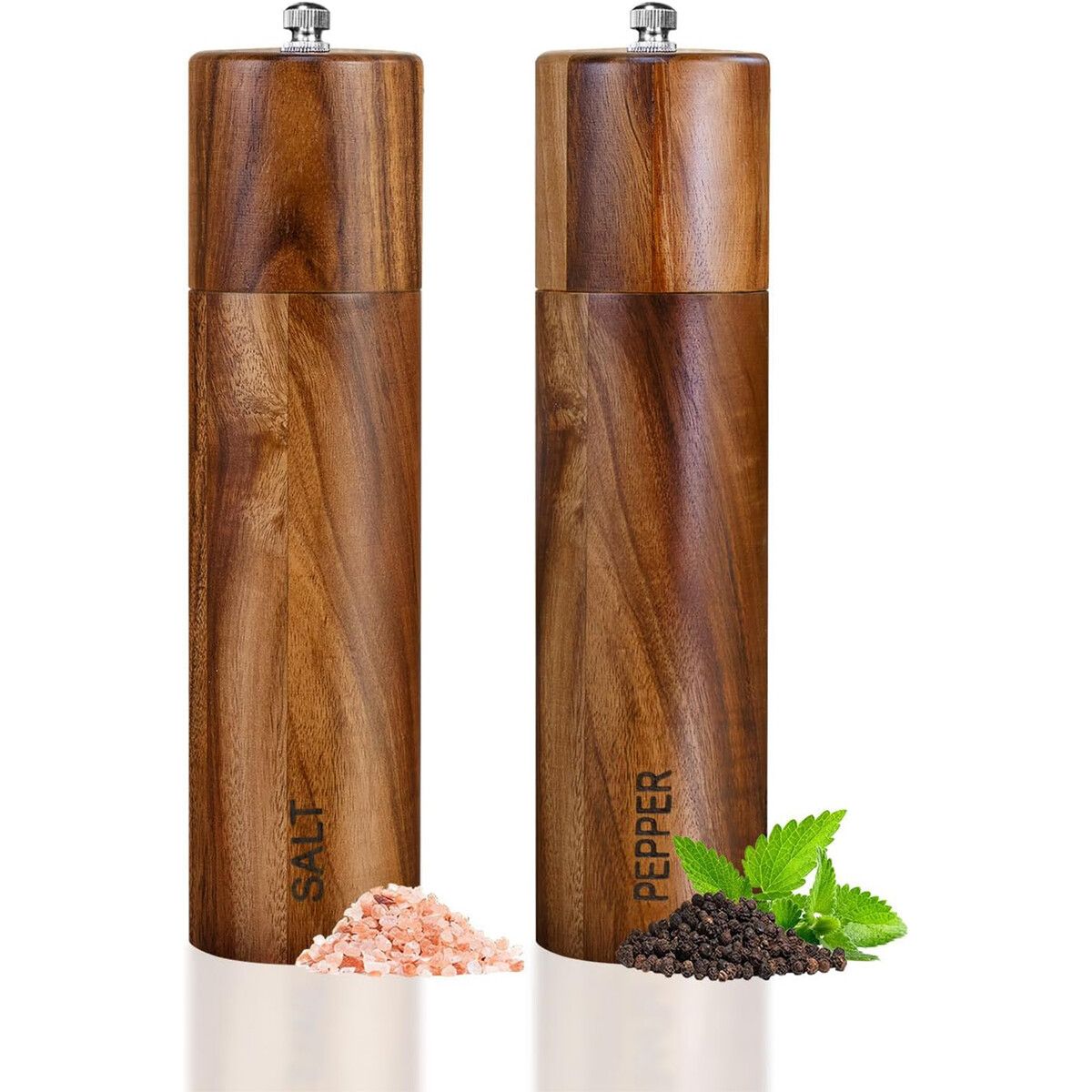 2 Pack Acacia Wooden Salt and Pepper Grinder Set 8 Inches Refillable Salt and Pepper Mills Adjustable Coarseness,Acacia Wood Ceramic Core Peppercorn Shaker