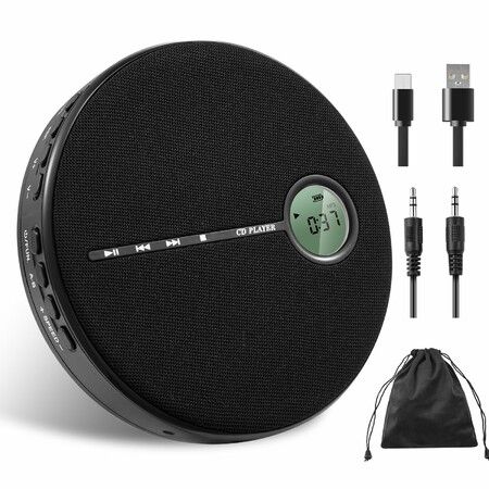 Portable CD Player Bluetooth,Personal Discman CD Player,Small Fabric Music Player with Anti-Skip Protection,A-B Repeat,10 Speeds,Stereo Speakers,Black