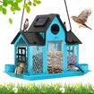 Solar Bird Feeders House Outdoors Hanging Metal Wild Bird Feeder Large Cardinal Birdfeeder Birdhouses Gift for Bird Lovers Blue