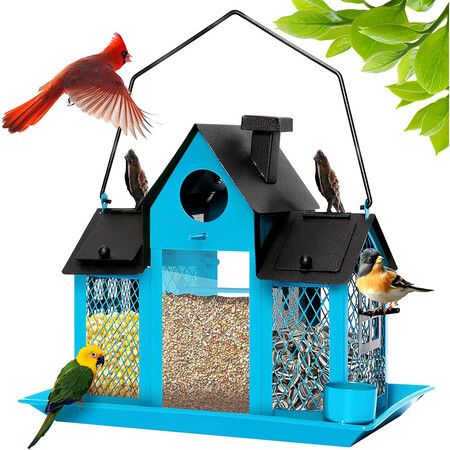 Solar Bird Feeders House Outdoors Hanging Metal Wild Bird Feeder Large Cardinal Birdfeeder Birdhouses Gift for Bird Lovers Blue