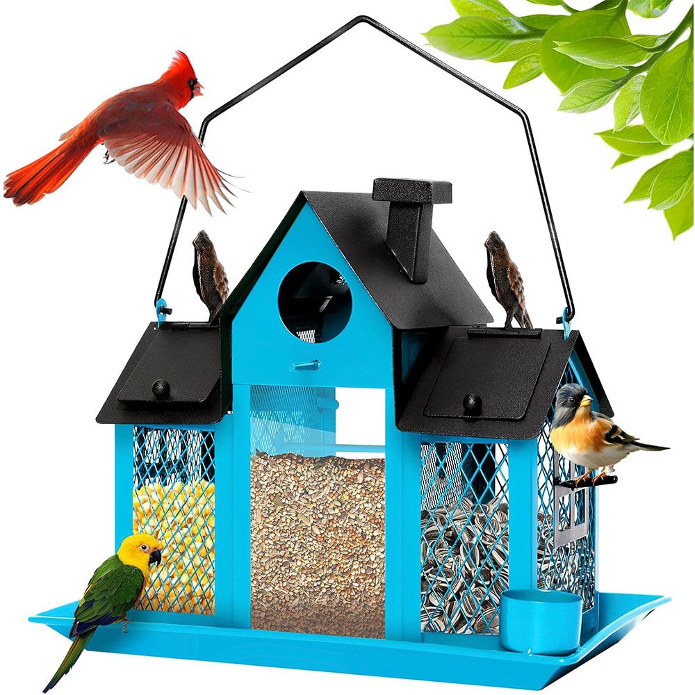 Solar Bird Feeders House Outdoors Hanging Metal Wild Bird Feeder Large Cardinal Birdfeeder Birdhouses Gift for Bird Lovers Blue