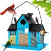 Solar Bird Feeders House Outdoors Hanging Metal Wild Bird Feeder Large Cardinal Birdfeeder Birdhouses Gift for Bird Lovers Blue