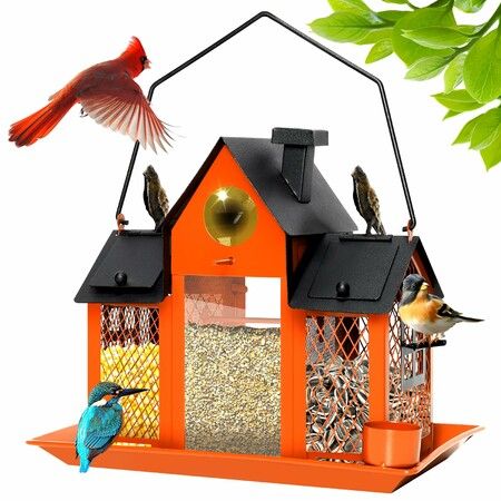 Solar Bird Feeders House Outdoors Hanging Metal Wild Bird Feeder Large Cardinal Birdfeeder Birdhouses Gift for Bird Lovers Orange
