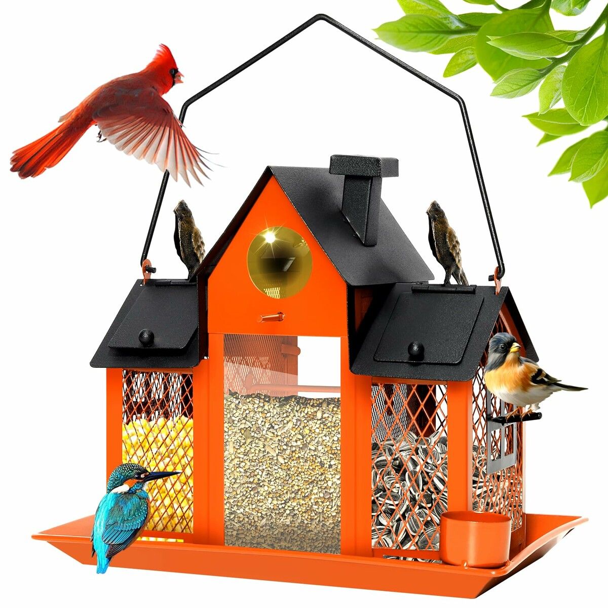 Solar Bird Feeders House Outdoors Hanging Metal Wild Bird Feeder Large Cardinal Birdfeeder Birdhouses Gift for Bird Lovers Orange