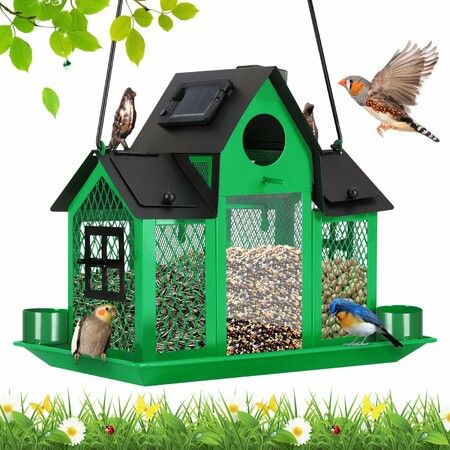 Solar Bird Feeders House Outdoors Hanging Metal Wild Bird Feeder Large Cardinal Birdfeeder Birdhouses Gift for Bird Lovers Green