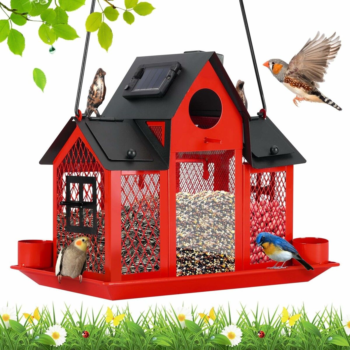 Solar Bird Feeders House Outdoors Hanging Metal Wild Bird Feeder Large Cardinal Birdfeeder Birdhouses Gift for Bird Lovers Red