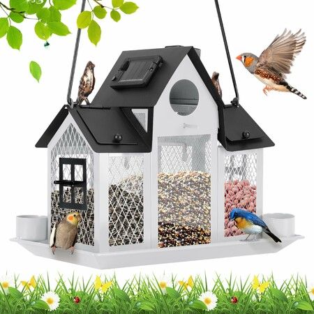 Solar Bird Feeders House Outdoors Hanging Metal Wild Bird Feeder Large Cardinal Birdfeeder Birdhouses Gift for Bird Lovers White