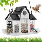 Solar Bird Feeders House Outdoors Hanging Metal Wild Bird Feeder Large Cardinal Birdfeeder Birdhouses Gift for Bird Lovers White