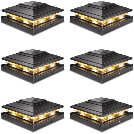Post Cap Lights Outdoor 6pack,Waterproof Fence Post Solar Lights for 4x4 5x5 6x6 Wood/Vinyl Posts,Black Solar Deck Post Lights with 2 Color Modes