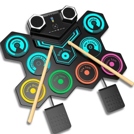 Electronic Drum Kit Rollable Electronic Drum Kit with Built-in Speakers 9 Pads Silicone E Drum Set for Children,Birthday and Christmas Gift