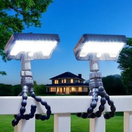 2 Pack Motion Sensor Outdoor Lights with Flexible Octopus Tripod, Dual Charging Solar Ourdoor Light for Camping Fence Patio (Black)