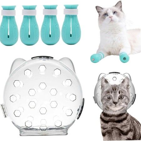 Cat Muzzle for Grooming Breathable Helmet Cat Space Hood Ears Shape Bubble Muzzle Anti Bite Helmet with 4 Silicone Paw Shoes for Bath Nail Trimming