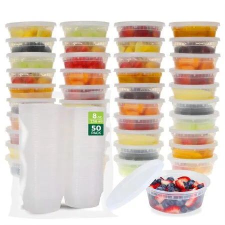 50 Pack 8oz Food Storage Containers with Lids,Plastic Deli & Soup Tubs,BPA Free Meal Prep Containers,Leakproof,Microwave/Dishwasher/Freezer Safe