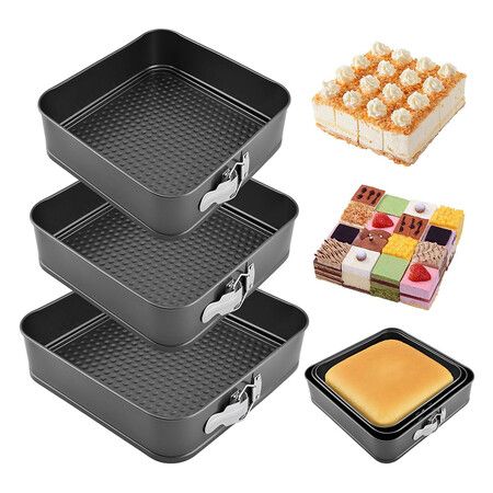 Springform Pan Set of 3 (9,10,11 Inch), Square Shaped Leakproof Cheesecake Pans with Removable Bottom, Nonstick Carbon Steel Cake Tin