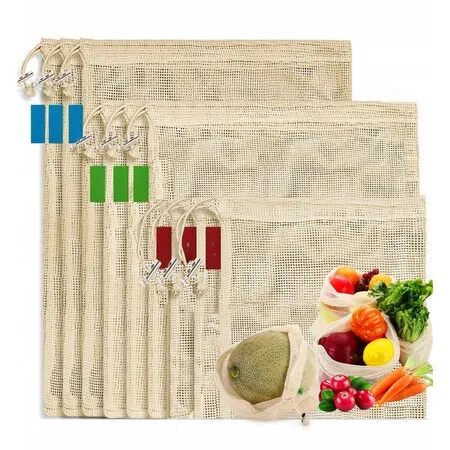 9 Pack Reusable Cotton Mesh Produce Bags,Washable Eco Friendly Grocery Shopping Bags,Breathable Net Storage Bags For Veggie,Fruit Zero Waste Living