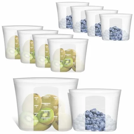 8 Pack Silicone Food Storage Bags,Stand Up Reusable Sandwich & Snack Bags,Leakproof Zip Lock Containers For Freezer,Microwave & Oven,500Ml/1000Ml