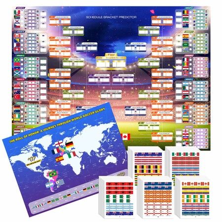 2026 Soccer Tournament Extra Large Schedule Poster,2Pcs Fan Kit with 600 Team Stickers and Predict Champion Poster, Match Tracker Bracket Wall Chart