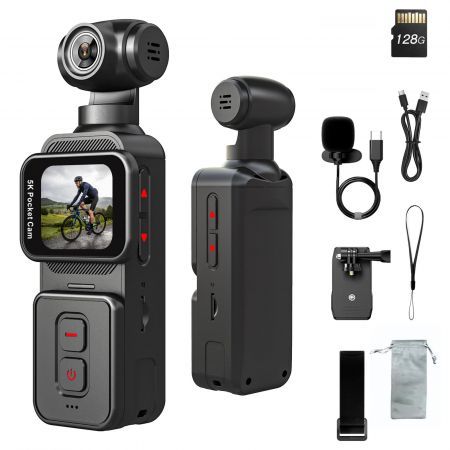 5K Pocket Vlogging Camera Body Camera with Microphone,5K/20FPS and 4K/60FPS,270 degree Rotating Lens,Face Tracking,6-Axis Stabilization (128GB)