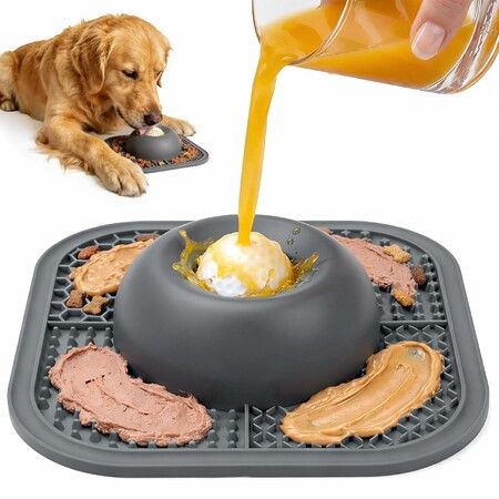 Slow Feeder Dog Bowls & Lick Mat for Liquid and Thick Treat, Anti-Slip Dog Lick Bowl with Interactive Rolling Ball for Dogs and Cats Black
