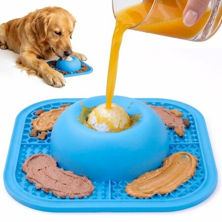 Slow Feeder Dog Bowls & Lick Mat for Liquid and Thick Treat, Anti-Slip Dog Lick Bowl with Interactive Rolling Ball for Dogs and Cats Blue