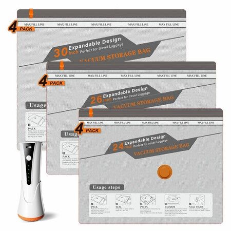 12 Pack Travel Vacuum Storage Bags with Rechargeable Electric Air Pump, Assorted Sizes Compression Space Saver Bags for Clothing Luggage
