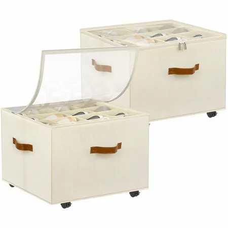 1 Pack Foldable Shoe Organizer with Wheels,Stackable Clear Shoe Storage Box with Adjustable Dividers, Space Saving Foldable Shoe Container for Closet