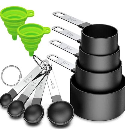 10Pcs Measuring Cups and Spoons Set with Silicone Funnels Plastic Measuring Cups Spoons with Stainless Steel Handles,Stackable Kitchen Measuring Tools