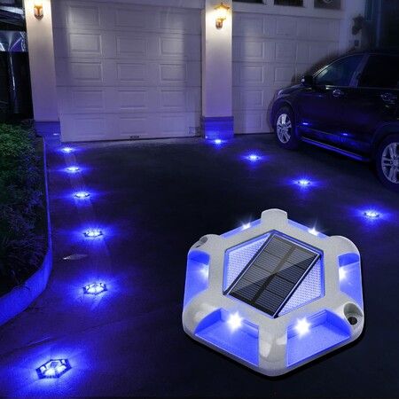 4-Pack Solar Dock Lights,Waterproof Aluminum LED Deck Lighting for Driveway & Garden,Blue/White 2-in-1 Warning Step Lights,Solar Path Lights,4Pcs
