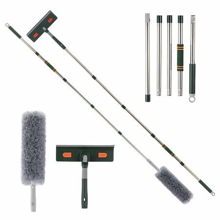 Window Squeegee Cleaner Tool with Extension Pole 22CM for Window Cleaning Kit with Scrubber Bendable Microfiber Feather Duster