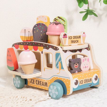 Wooden Ice Cream Truck Toy Kids Pretend Play Food Cart with Popsicles Cones, Role Play Toy for Educational Birthday Gift for Boys Girls 3+