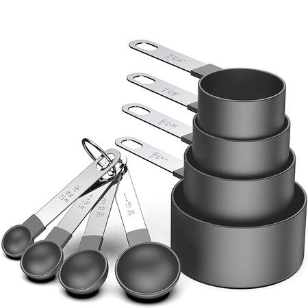 8Pcs Measuring Cups and Spoons Set,Stainless Steel Handle Stackable Measuring Spoons Cups for Baking Cooking,Dry Liquid Ingredients(Black)