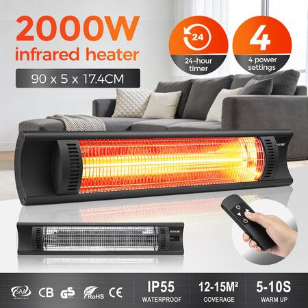 Maxkon 2000W Infrared Heater IP55 Carbon Fibre Outdoor Electric Space Room Patio Warmer Wall Ceiling Mount Remote Control Energy Efficient Instant Heat