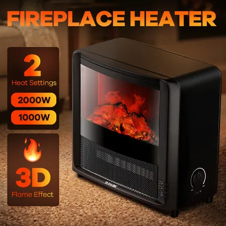 Maxkon 2000W Electric Fireplace Fire Heater Freestanding Portable Indoor Room Space Energy Efficient Heating Adjustable Thermostat 3D Flame Effect