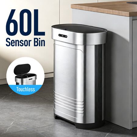 60L Sensor Dustbin Recycling Rubbish Bin with Lid Stainless Steel Kitchen Trash Can Smart Automatic Garbage Waste Trashcan Container Bathroom Office