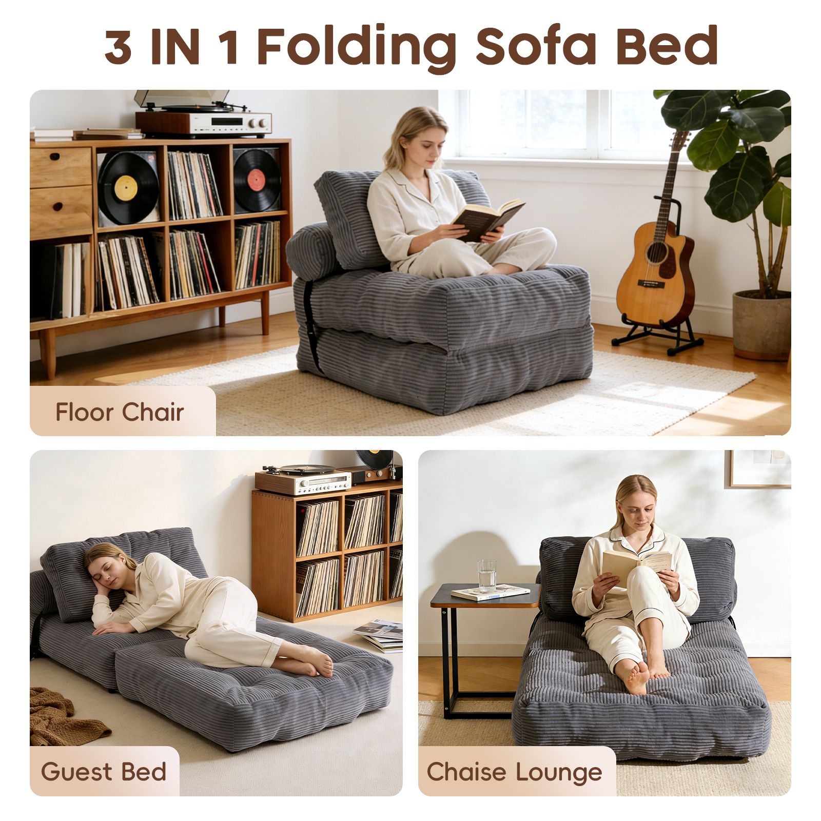 Folding Floor Sofa Bed Set 3in1 Convertible Sleeper Chair Couch Lounge Chaise Mattress Ground Seat Comfy Fold Out Guest Lounger Back Support Pillow