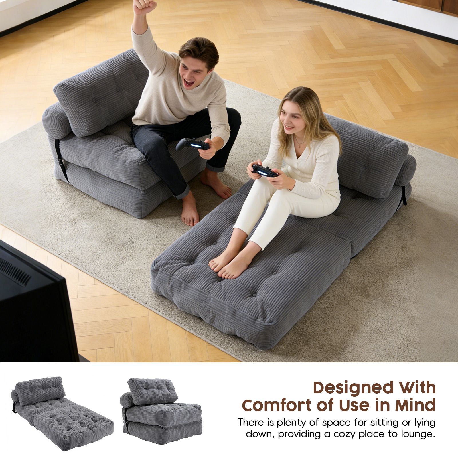 Folding Floor Sofa Bed Set 3in1 Convertible Sleeper Chair Couch Lounge Chaise Mattress Ground Seat Comfy Fold Out Guest Lounger Back Support Pillow