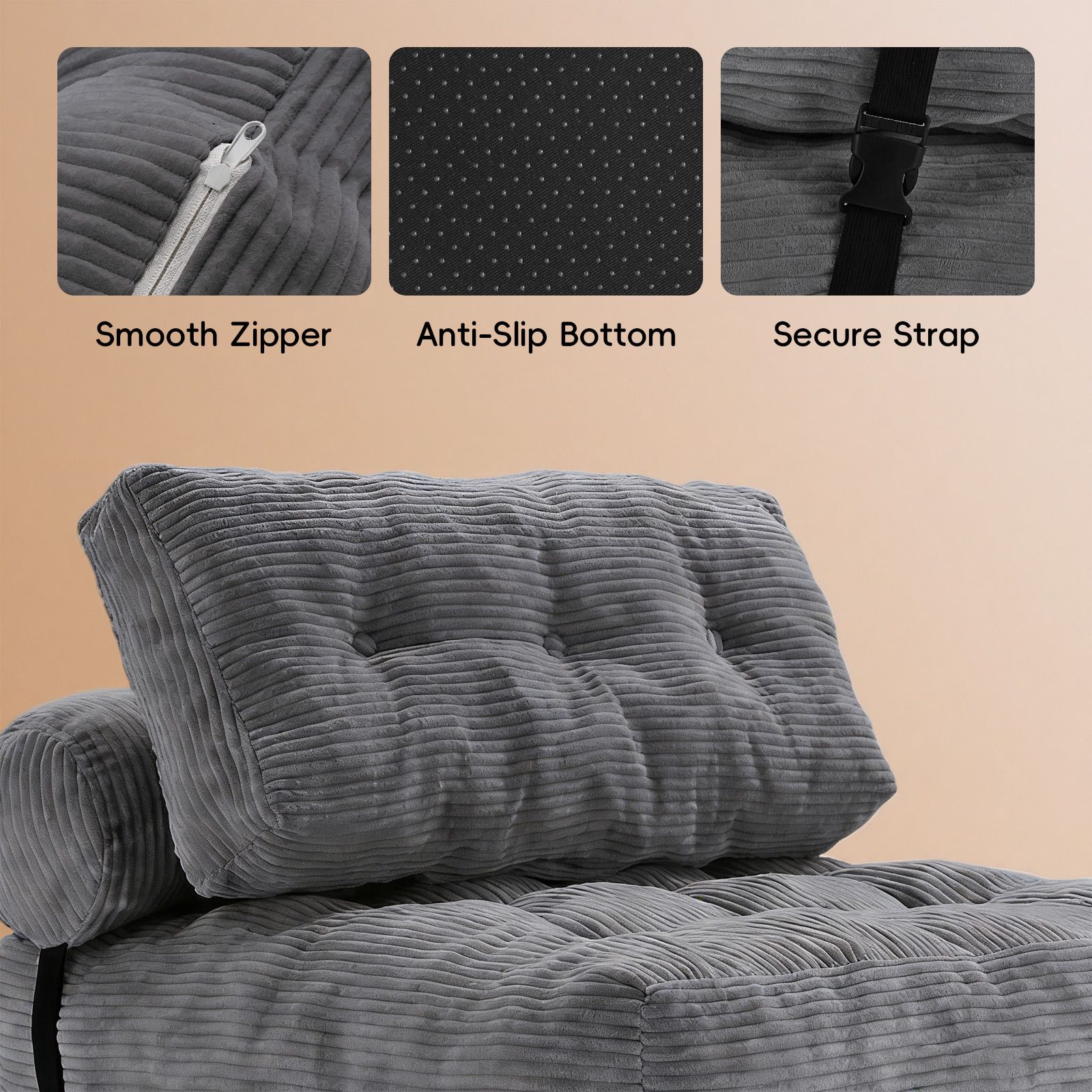 Folding Floor Sofa Bed Set 3in1 Convertible Sleeper Chair Couch Lounge Chaise Mattress Ground Seat Comfy Fold Out Guest Lounger Back Support Pillow