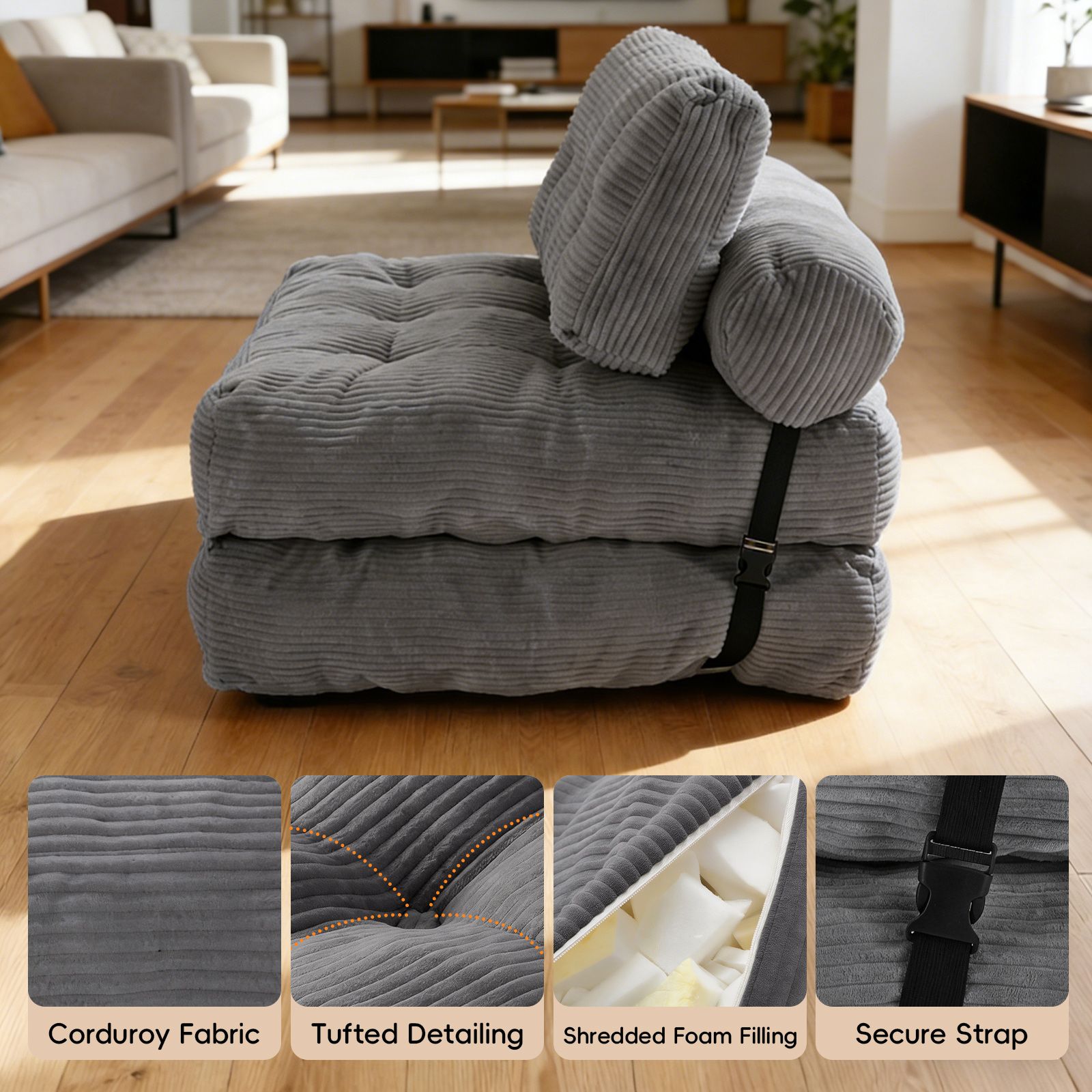 Folding Floor Sofa Bed Set 3in1 Convertible Sleeper Chair Couch Lounge Chaise Mattress Ground Seat Comfy Fold Out Guest Lounger Back Support Pillow