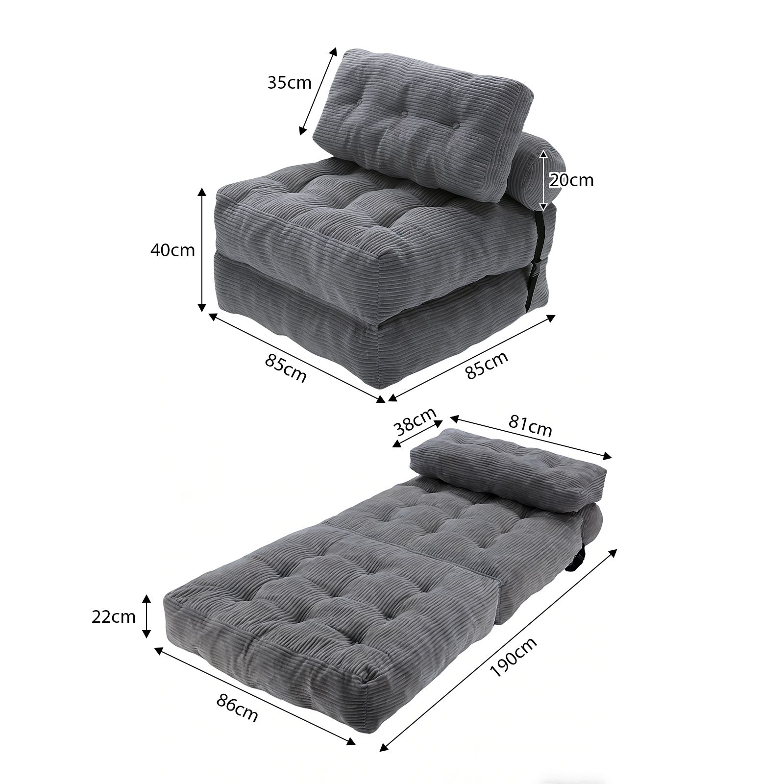 Folding Floor Sofa Bed Set 3in1 Convertible Sleeper Chair Couch Lounge Chaise Mattress Ground Seat Comfy Fold Out Guest Lounger Back Support Pillow