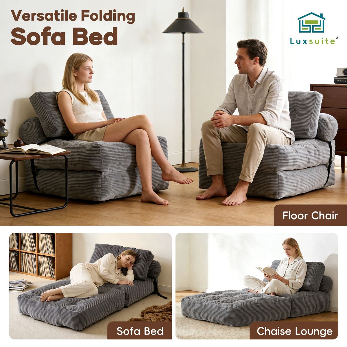 Folding Floor Sofa Bed Set 3in1 Convertible Sleeper Chair Couch Lounge Chaise Mattress Ground Seat Comfy Fold Out Guest Lounger Back Support Pillow