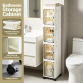 4 Tier Plastic Slim Storage Cabinet Foldable Narrow Rack Cupboard with Wheels Bathroom Kitchen Laundry Utility Organiser Adjustable Shelves 128x26x23cm